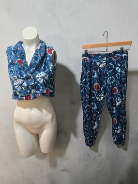 Bombay Paisley Women's XS Blue Tie Dye 2 Piece Set Crop Vest Jogger Pants Boho